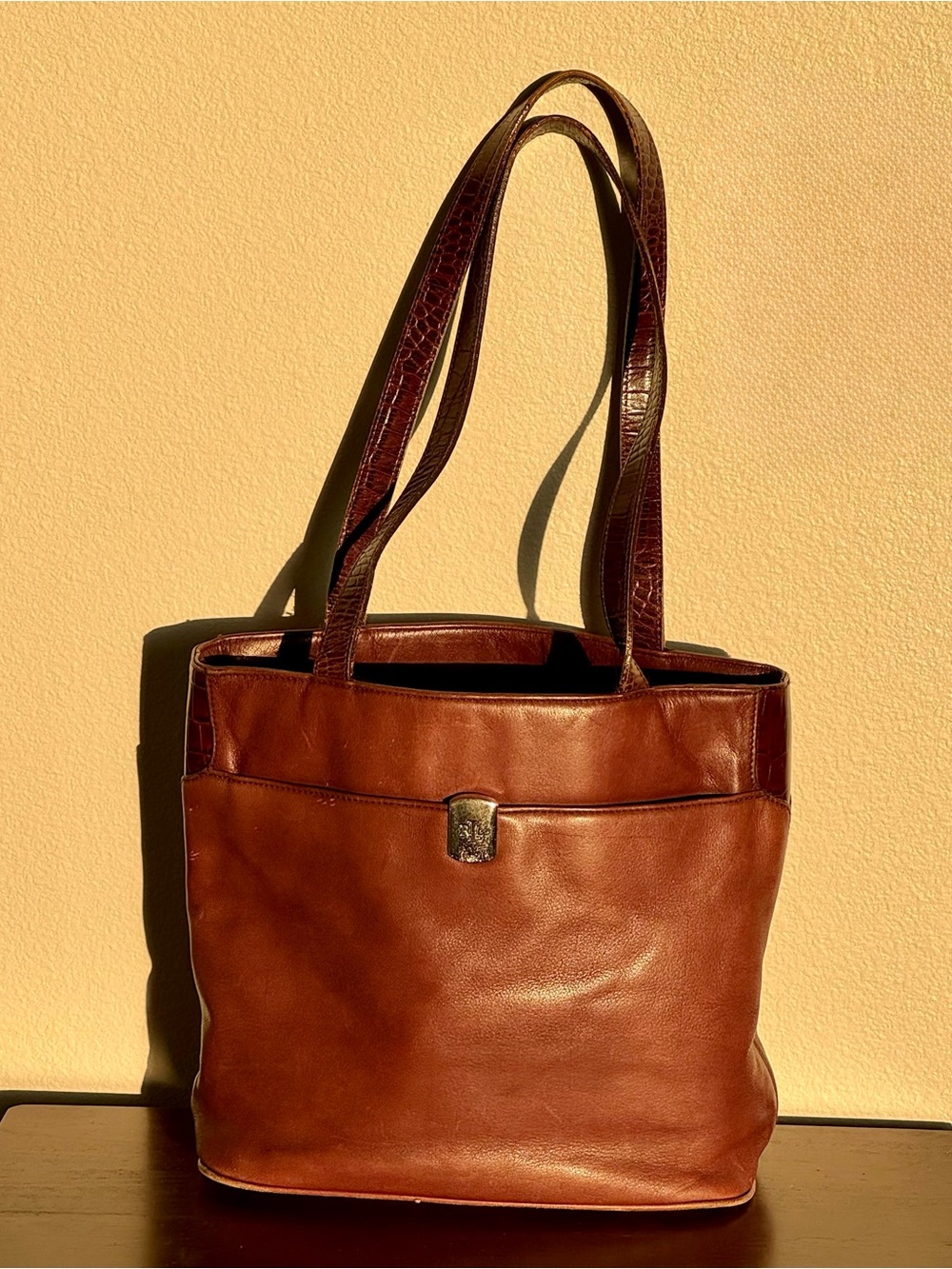 VTG Lauren Ralph Lauren Brown Leather Tote Bag Logo Croc Handles Large Shoulder